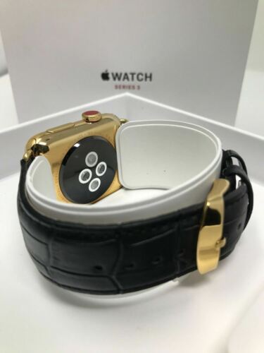 24K Gold 42MM Apple WATCH SERIES 3 Stainless Steel Black Band - Wooden Watch Box - Picture 2 of 3