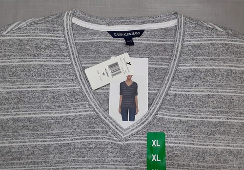 CK Calvin Klein sz:XL Womens Short Sleeve V-Neck Knit Stretch T-Shirt Top Stripe - Picture 6 of 8