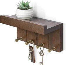 8 Inch Wall Mounted Key & Mail Holder with 4 Hooks - Solid Wood Decor