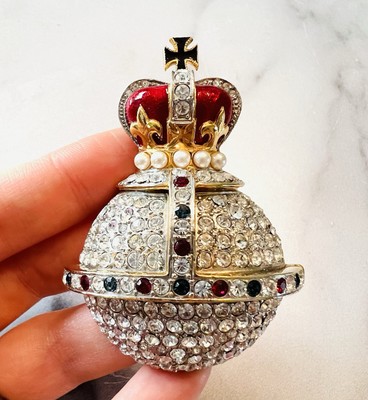 Vintage Butler & Wilson Red Enamel Blue Crystal Pearl Coronation Orb Brooch