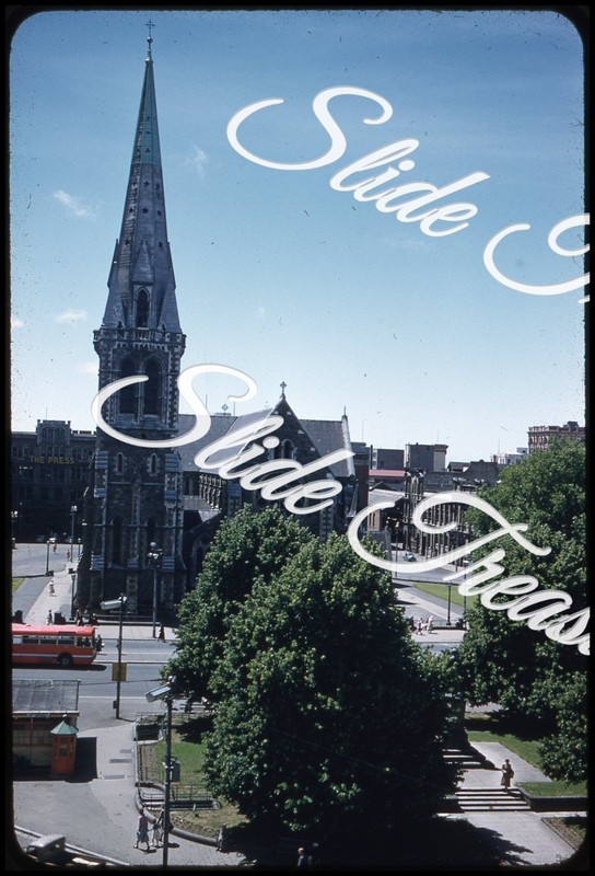 New Zealand Christchurch Church Bus 35mm Slide 1950s Red Border Kodachrome