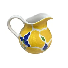 Dansk St Tropez 56 oz Pitcher 7.25" with Blue Flowers On Yellow Made In Portugal