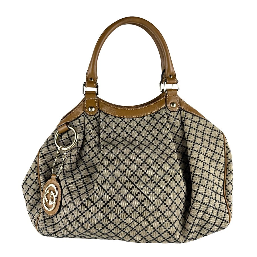 Gucci — Auth GUCCI Diamante Handbag Brown Canvas/Leather - z9931