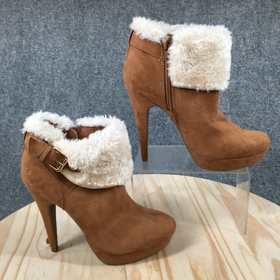 #ad GBG by Guess Boots Womens 8.5 M Brown Ankle Booties Faux Suede Stiletto Faux Fur $49.99