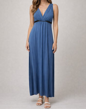 AMSALE Navy Blue Belted Ruched Grecian Long Evening Gown Size: 12