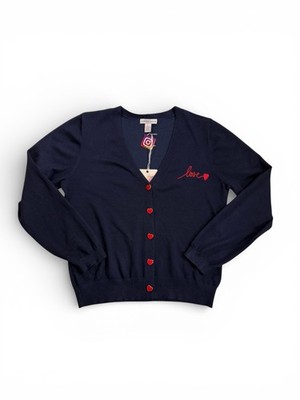 Caroline Taylor Navy Blue Cardigan Red Heart Embroidery Love V-Neck Size Large