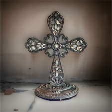 Decorative Ornate Metal Standing Cross Art for Spiritual Home Decor