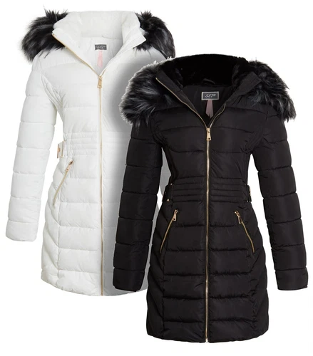 OFF WHITE Cappotto parka donna pelliccia sintetica giacca trapuntata taglia 16 14 12 10 8 nero bianco sporco