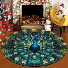 1pc Large Peacock Mat - Turquoise Blue  Golden Luxury Round Mat with Peacock Mo