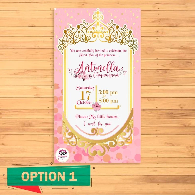 Invitación Digital Personalizada Princesa Corona Invitación Digital, Princesa Fiesta de Cumpleaños Foto 2 de 3