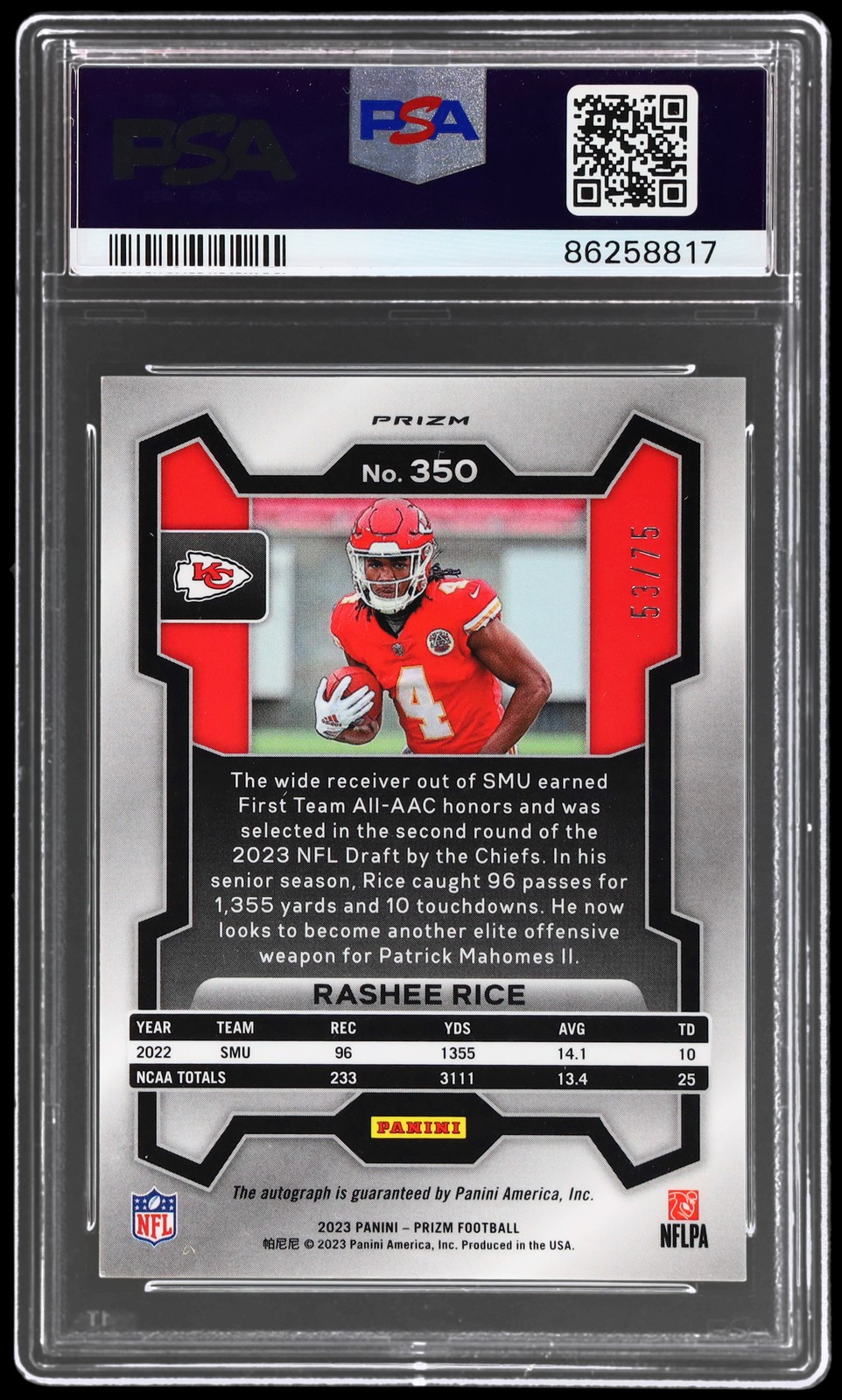 2023 Panini Prizm Rashee Rice #350 PSA 9 RC Autograph Green Scope Prizm 53/75 view 2