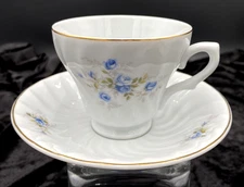 DesignPac Footed Cup and Saucer, Ribbed & Swirled Porcelain w/Blue Roses, MINT