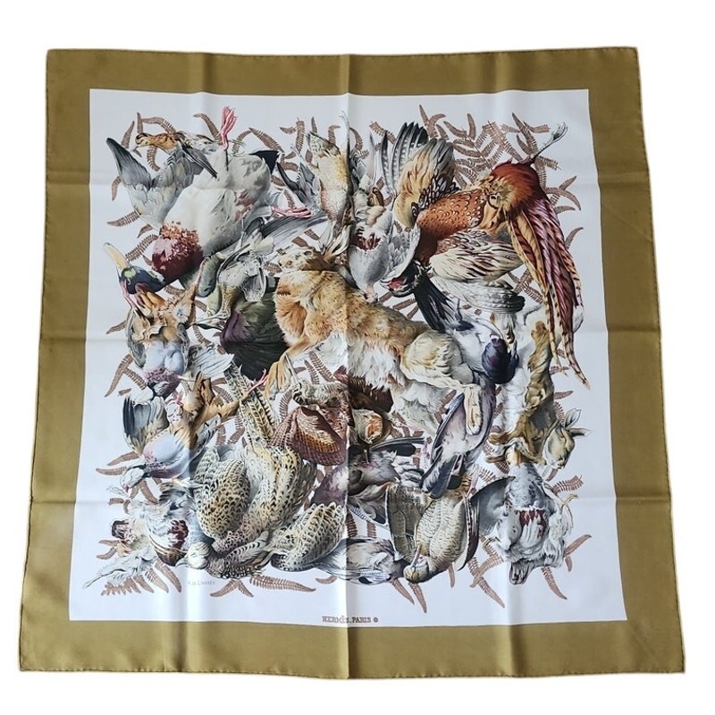 Vintage HERMES Silk Scarf Gibiers Game Animals Print Rabbits Birds Linares