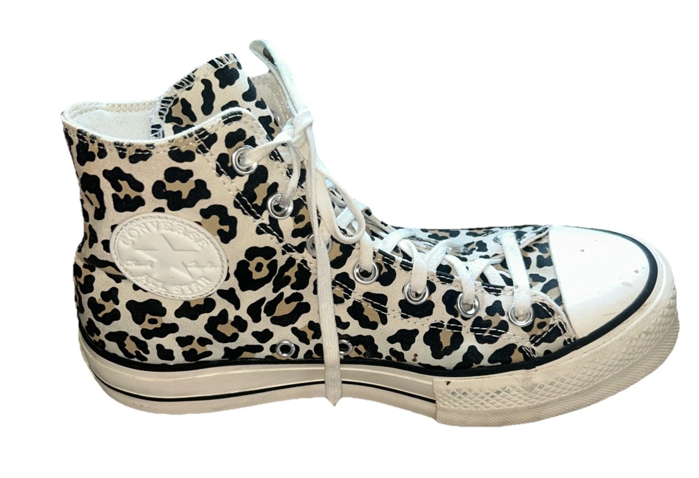 Converse Chuck Taylor All Star alte bianche marroni nere leopardate plateau taglia 9