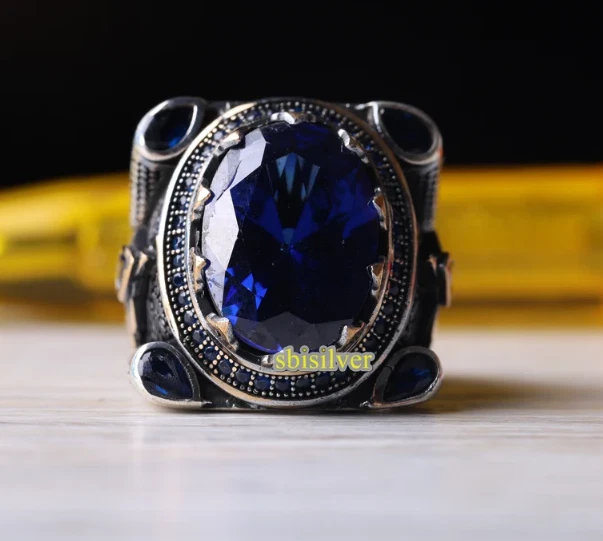 Turkish Handmade Simulated Blue Stone 925 Sterling Silver Gift Mens Ring 01 - Image 4 of 4