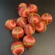 13 Vtg Pink Salmon Satin Silk Thread Ball Christmas Ornament Lot Gold Trim 2"