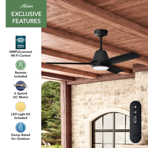 Hunter 52 inch Aeronaut Wi-Fi, ENERGY STAR® Matte Black Damp Rated Ceiling Fan - Picture 6 of 18