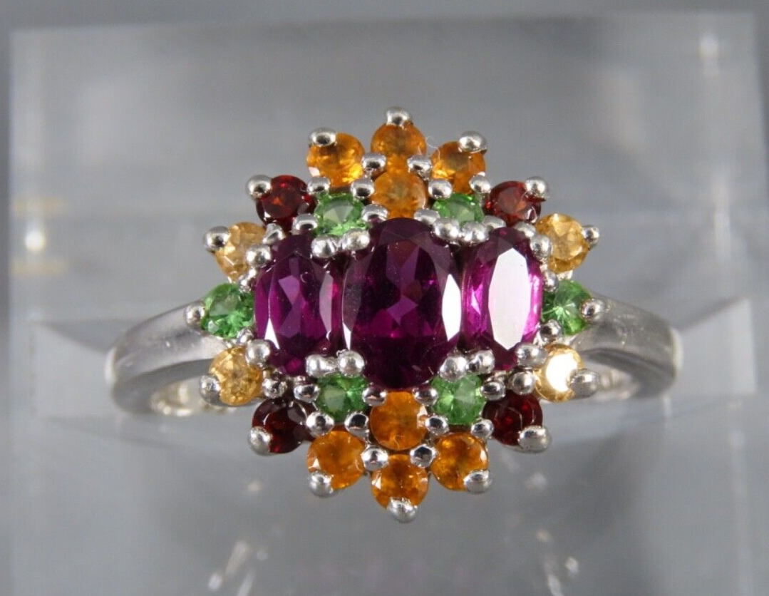 Sterling Silver Blush Purple Garnet Citrine Peridot Cluster Cocktail Ring Size 8