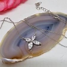 FAS Clear Crystal Flower Pendant 925 Sterling Silver Chain Necklace
