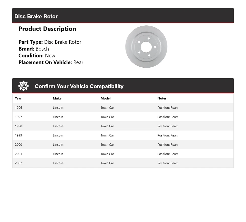 Rotor de freno de disco trasero para Lincoln Town Car 1996-2002 Bosch QuietCast 1997 1998 Foto 2 de 4