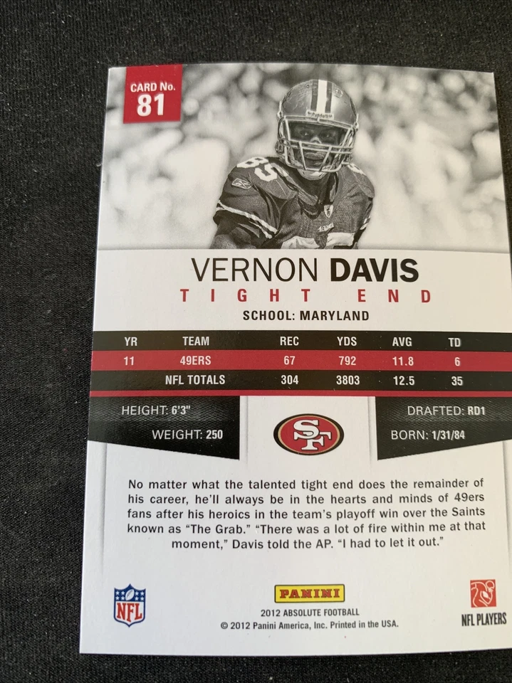 2012 Absolute NFL Football #81 Vernon Davis San Francisco 49ers NmMt Free Ship! - Image 2 of 2