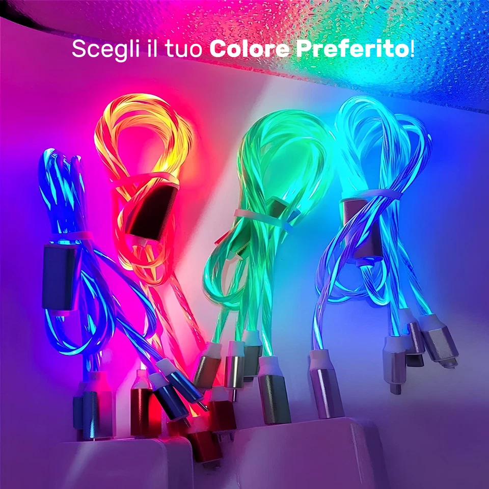 Cavo Ricarica Rapida Cellulare Luminoso 3 Porte in 1 USB C iPhone iOS Micro USB - Immagine 3 di 4