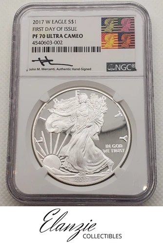 2017-W Proof American Silver Eagle FDOI NGC PF70 UC Mercanti Signed Reagan Label