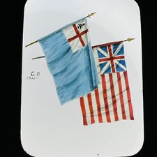 Antique Magic Lantern Glass Slide Pine Tree Revolutionary War Flag Color