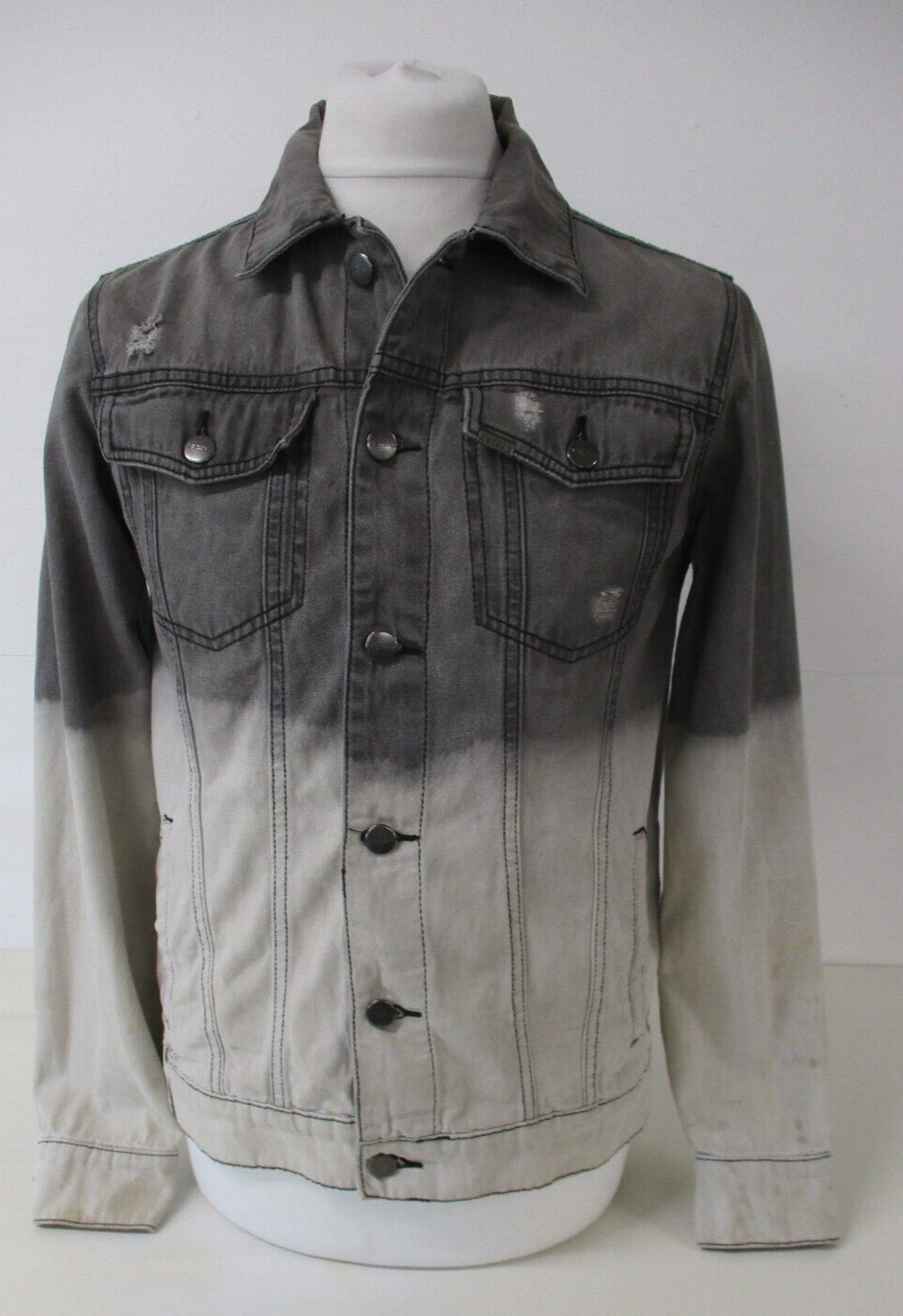 ASCEND Denim Jacket, Distressed, Grey Dip Dye, Cotton, Small, Fits 36