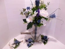 Bridal Bouquet Flowers Wedding Denim Rose Package w Corsage and 2 Boutonnieres