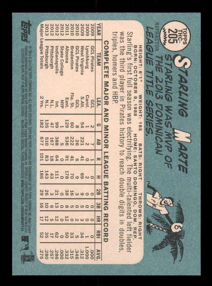 2014 Topps Heritage Chrome Purple Refractor #205 Starling Marte Pirates z - Image 2 of 2