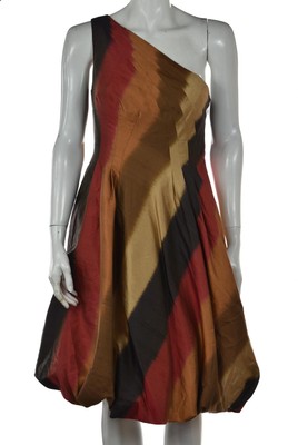 Hilton Hollis Womens Dress Size 6 Brown Striped Sheath One Shoulder Knee Length