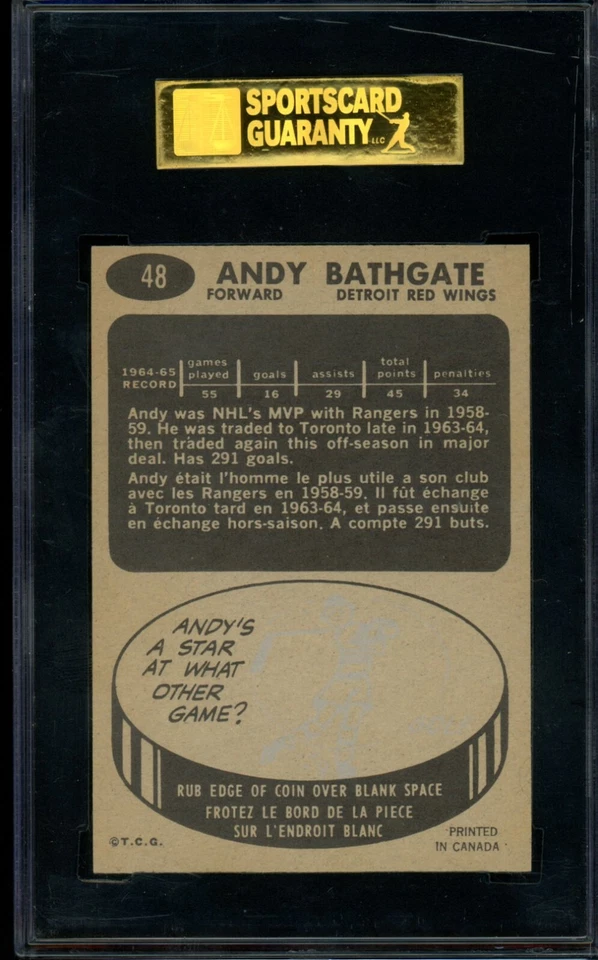 1965-66 TOPPS HOCKEY NHL #48 Andy Bathgate HOF SGC 9 MINT Detroit Red Wings - Image 2 of 2
