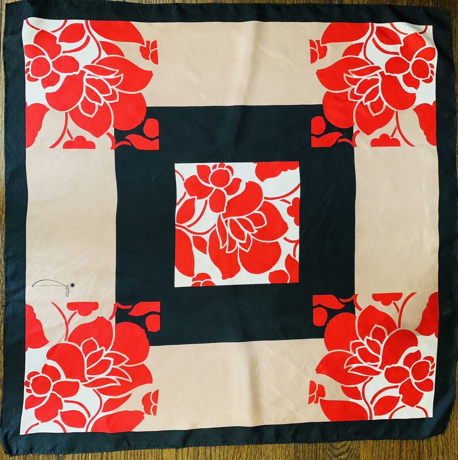 RARE Vintage JoAnn Wild Silk Scarf Red Floral Design Hand Rolled 30x30” Japan