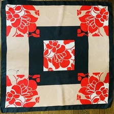 RARE Vintage JoAnn Wild Silk Scarf Red Floral Design Hand Rolled 30x30” Japan