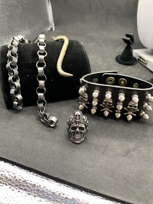 Lot of vintage skull and crossbones bracelet, Ring, Chain, Cornitello  Pendant