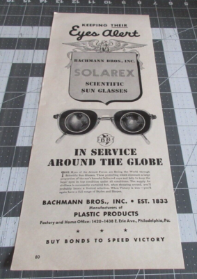 1943 Bachmann Bros. Solarex Scientific Sunglasses, Vintage Print