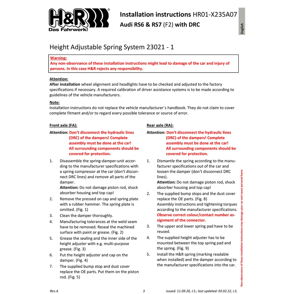 H&R 23021-1 Kit de muelles reductores ajustables para 20-25 Audi RS6 Avant / 19-25 RS7 Foto 2 de 4