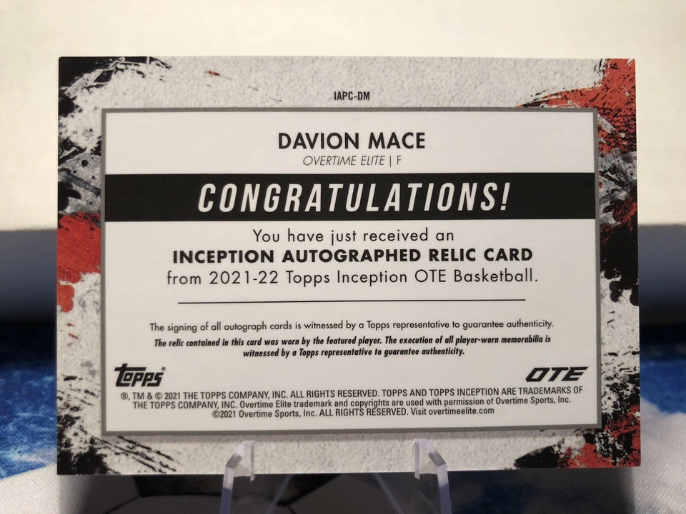 2021-22 Topps Inception OTE Overtime Elite Cards /199 Davion Mace Patch Auto - Image 2 of 2
