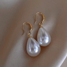 925 Sterling Silver Pearl Drop Elegant Gold Dangle Hook Earrings Women Gift