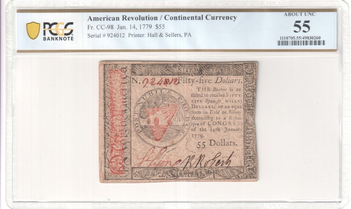 Fr. CC-98, January 14, 1779, $55 Continental Currency, PCGS About