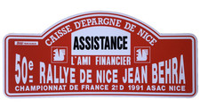 Ancienne plaque DU 50° RALLYE DE NICE JEAN BEHRA  1991 A.S.A.C NICE 43CM X 20CM
