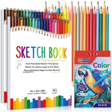 2 Pack Sketch Book with 36 Color Pencil Set, Spiral Kids Sketchbook for Drawi...