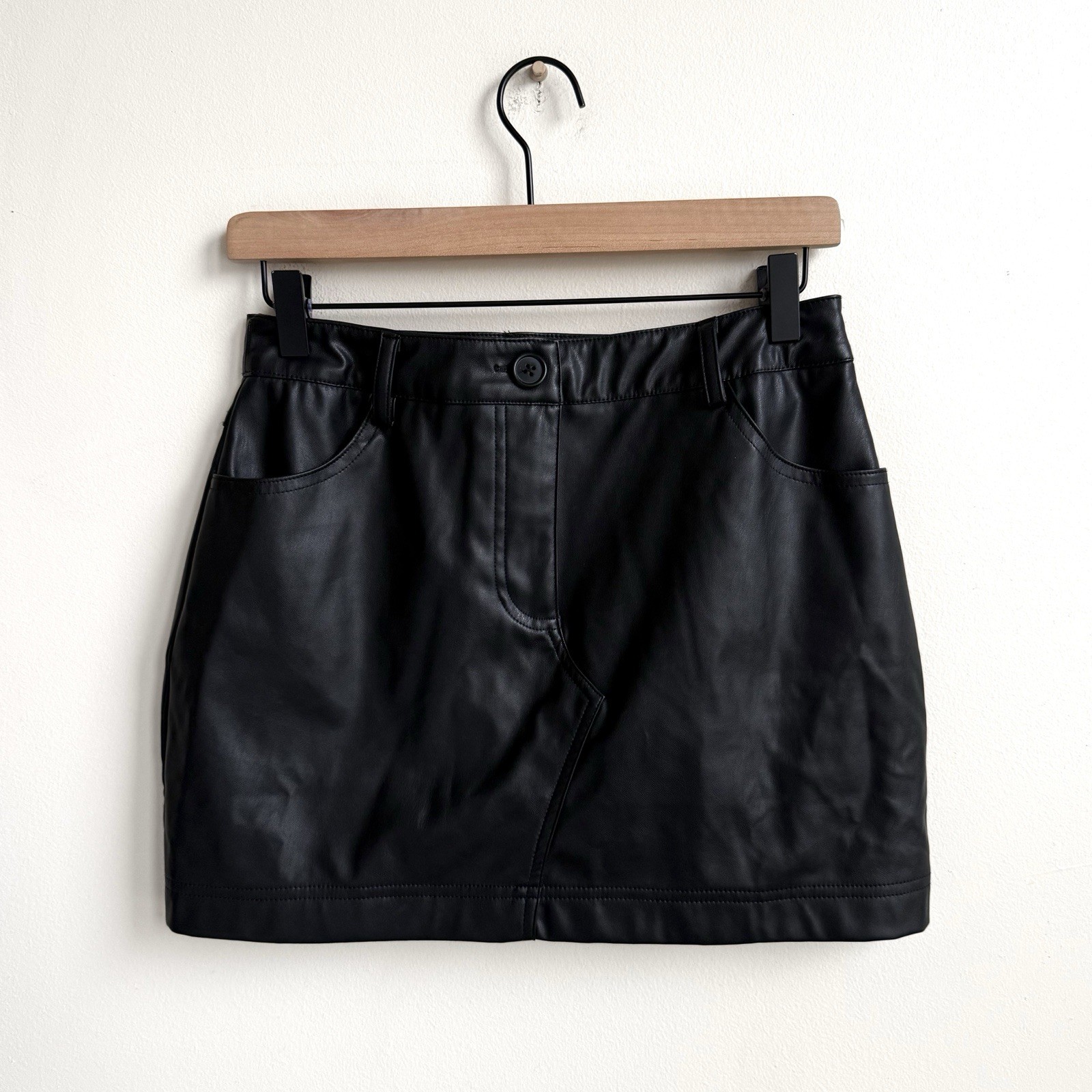 ASOS Black Faux Leather Mini Skirt Size 6 Pockets Vegan Micro Club Festival
