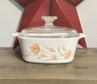 Vintage Corning Ware Casserole Dish Peach Flower Floral 1.5 Liter PYREX Lid