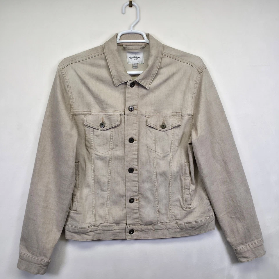 Chaqueta de mezclilla Goodfellow and Co para hombre L beige clásica camionero capas neutras Foto 2 de 4