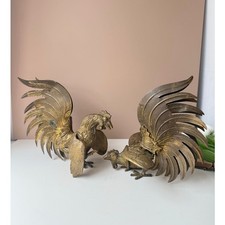 Estatuilla escultura vintage de gallos de lucha de latón macizo | pátina oscura MCM latón