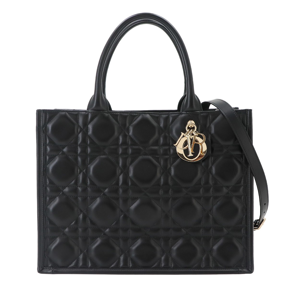Christian Dior Macrocannage Book Tote Shoulder Medium Bag Leather Black 90319773