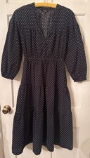 MADEWELL Navy Blue Dobby V-Neck Tiered Midi Dress Cotton Embroidered Pockets S