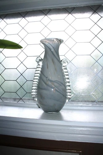 Large Murano Glass Vase Pale Blue with Copper Aventurine & Clear Wing Handles